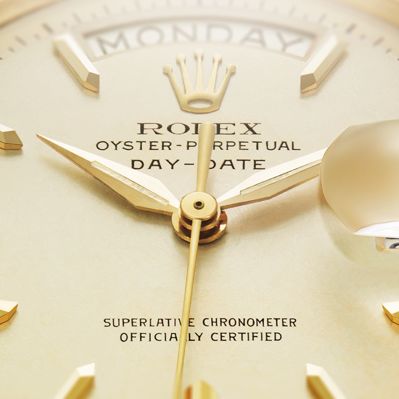 Cronómetro superlativo certificado oficialmente en la esfera de un Rolex Day-Date