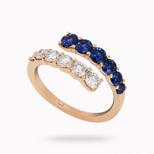 anillo de oro rosa diamantes y zafiros azules - Luque Joyeros