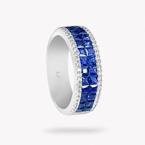 anillo de oro blanco con diamantes y zafiros azules - Luque Joyeros