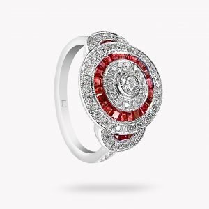 anillo de oro blanco diamantes y rubi - Luque Joyeros