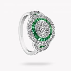 anillo de oro blanco diamantes y esmeralda - Luque Joyeros
