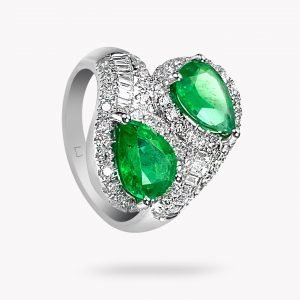 anillo de oro blanco diamantes y esmeraldas - Luque Joyeros
