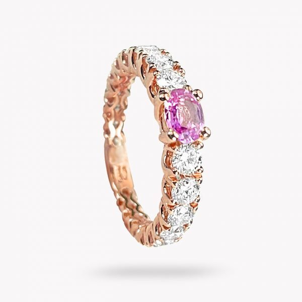 anillo de oro rosa con diamantes y zafiros rosas - Luque Joyeros