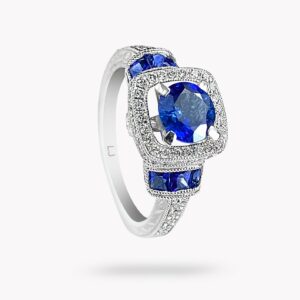 anillo con diamantes y zafiros azules
